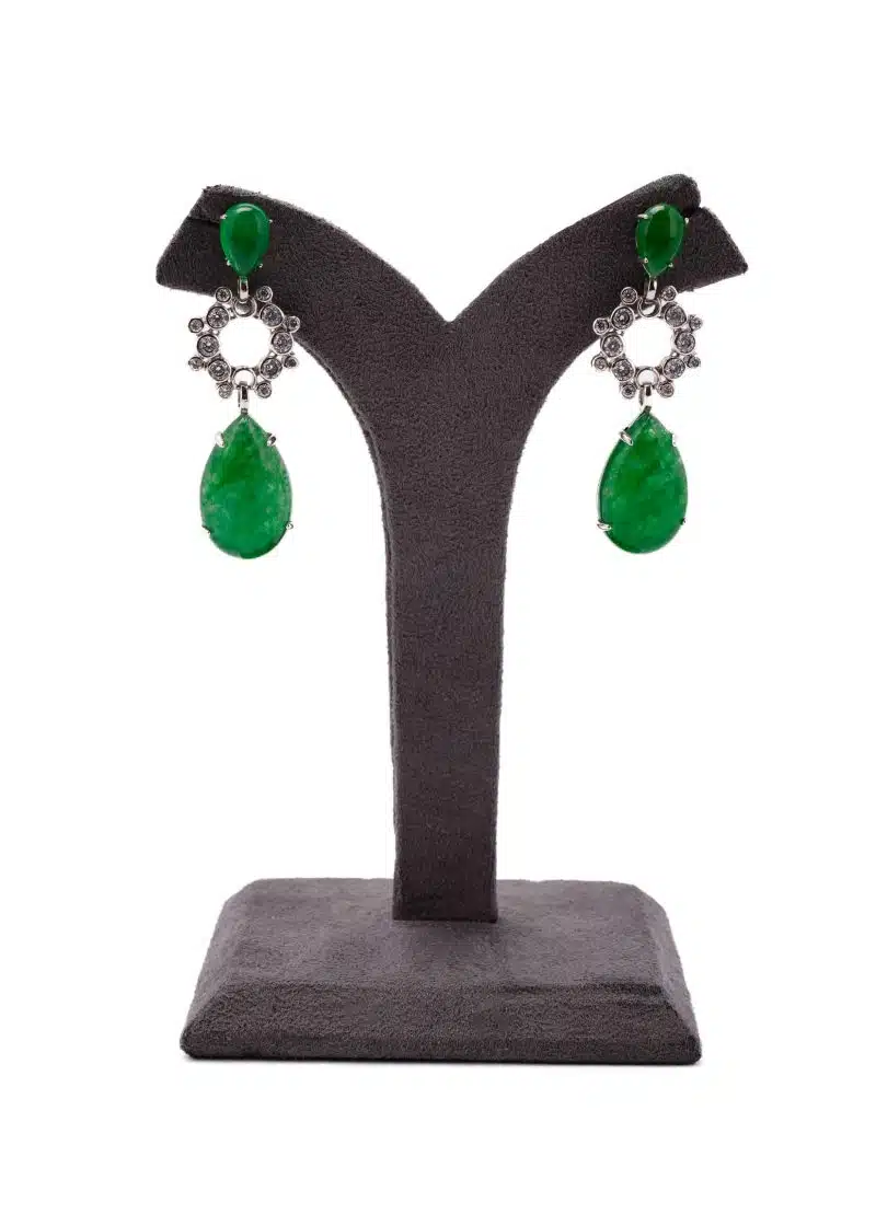 Silver Diamond Earrings | with Pan Shape and Two Sizes of Emerald Green Stone