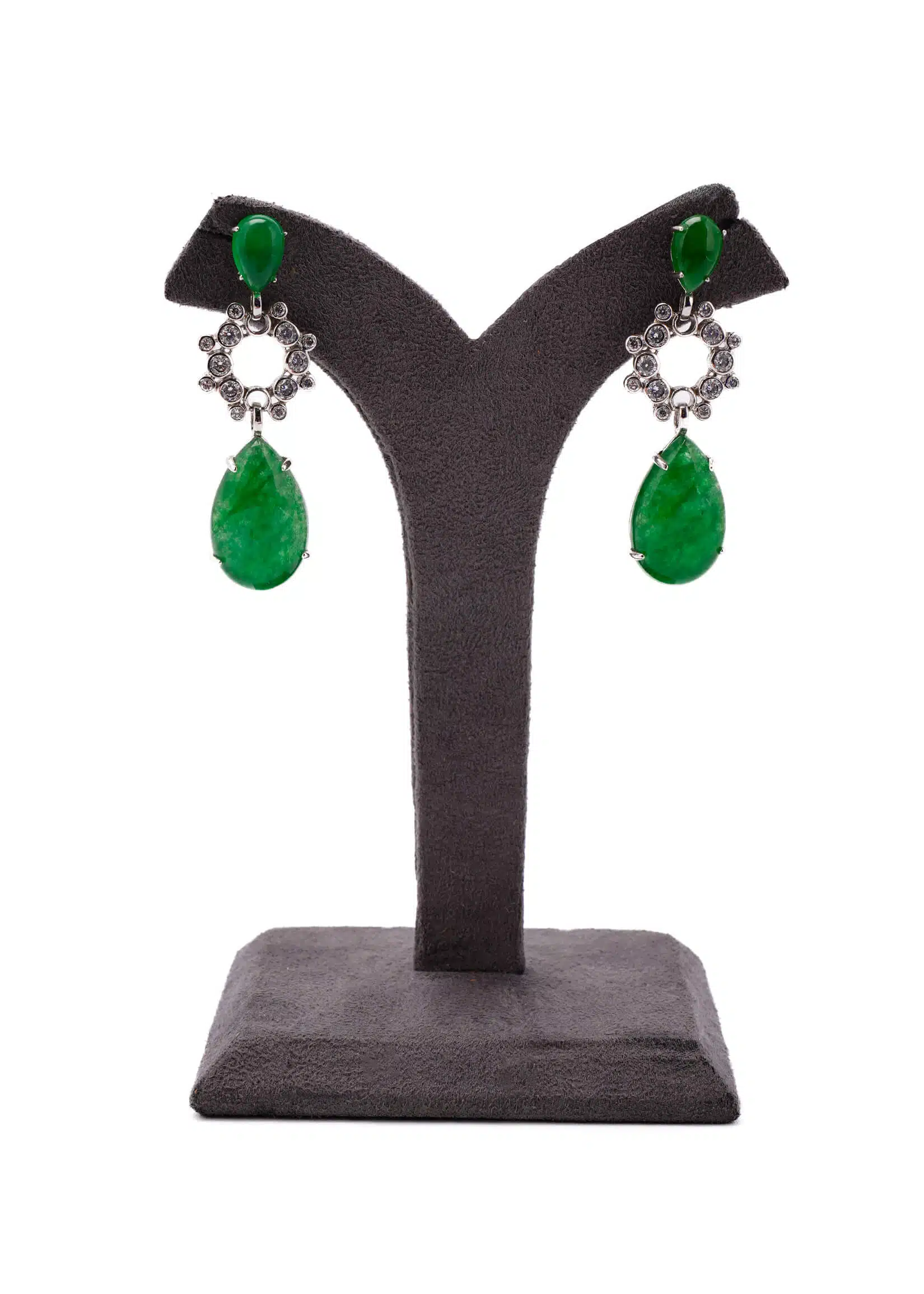 Silver Diamond Earrings | with Pan Shape and Two Sizes of Emerald Green Stone