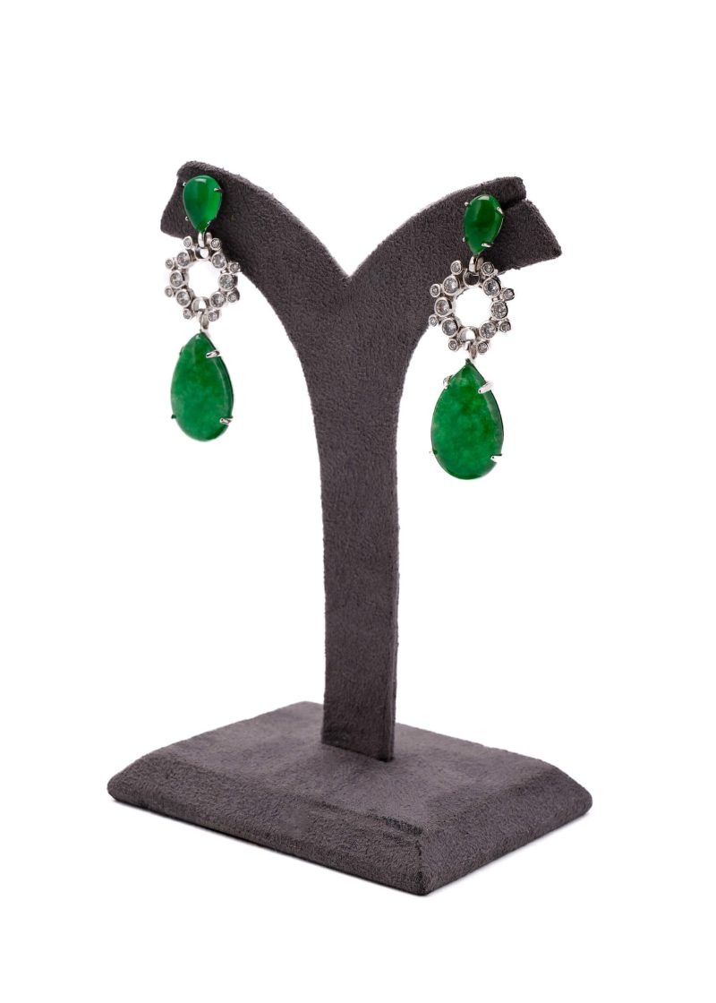 Silver Diamond Earrings | with Pan Shape and Two Sizes of Emerald Green Stone - Image 2