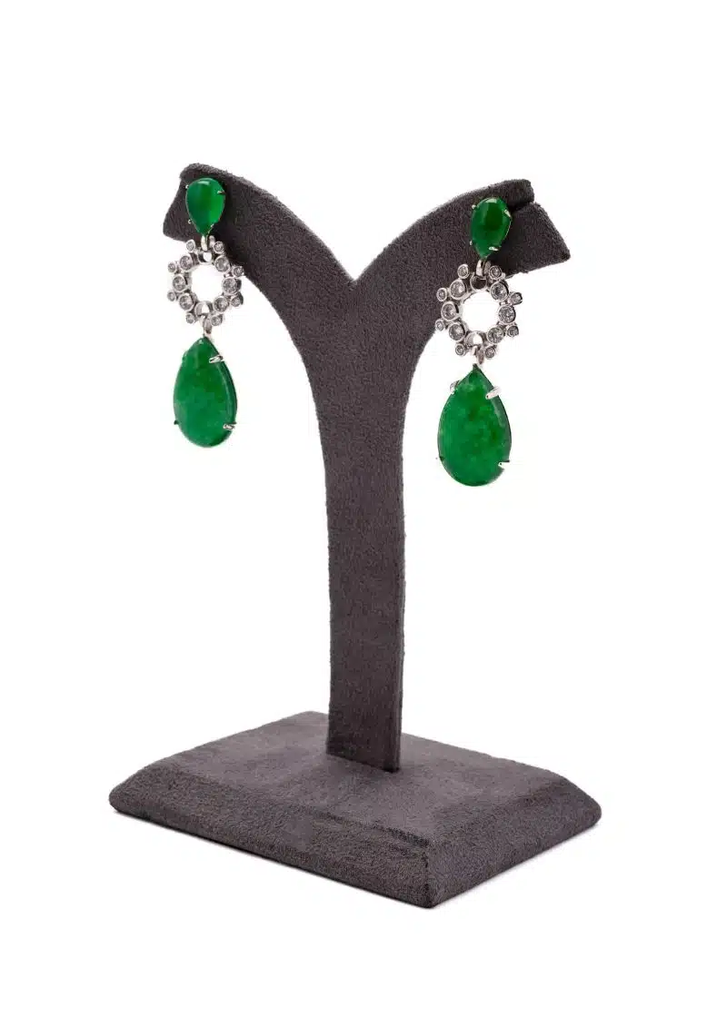 Silver Diamond Earrings | with Pan Shape and Two Sizes of Emerald Green Stone - Image 2
