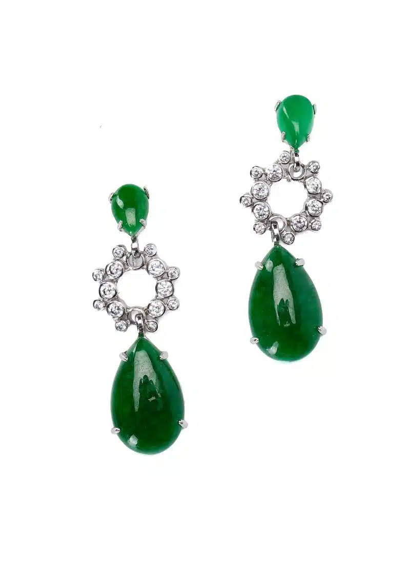 Silver Diamond Earrings | with Pan Shape and Two Sizes of Emerald Green Stone - Image 3