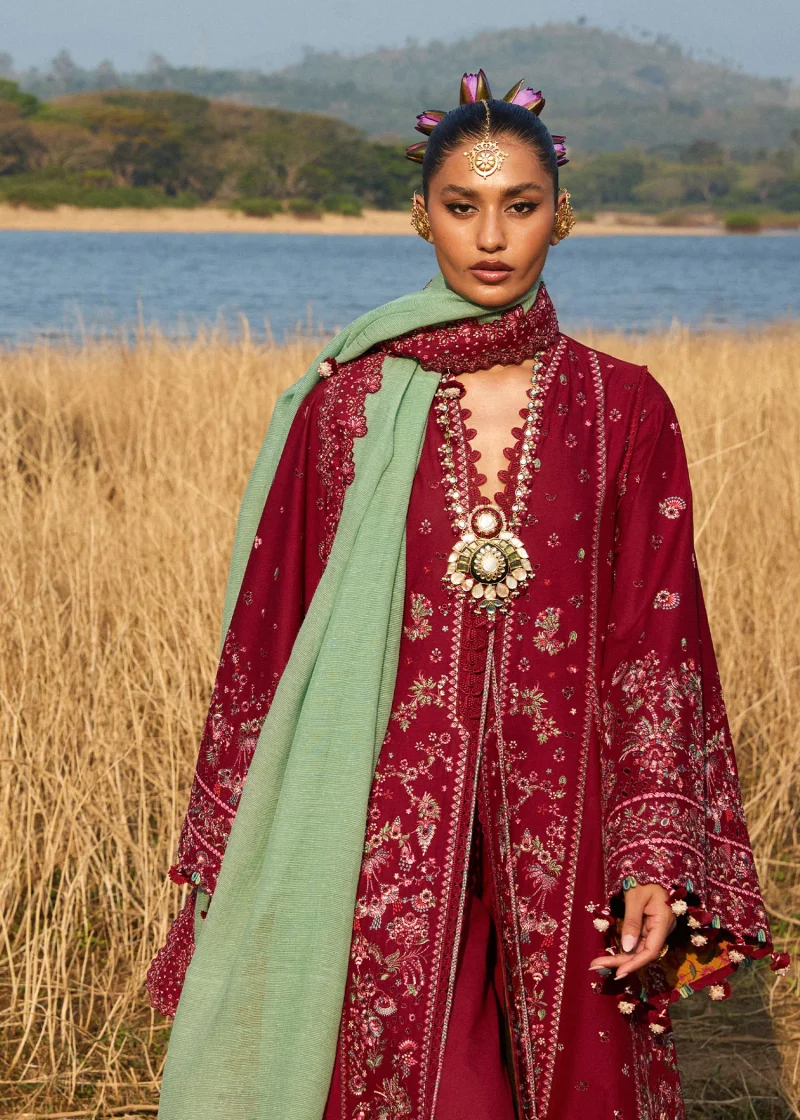 Hussain Rehar | luxury lawn25 | Maroon  | Unstitched | Festive wear | Mahogany | 3pc set. - Image 2