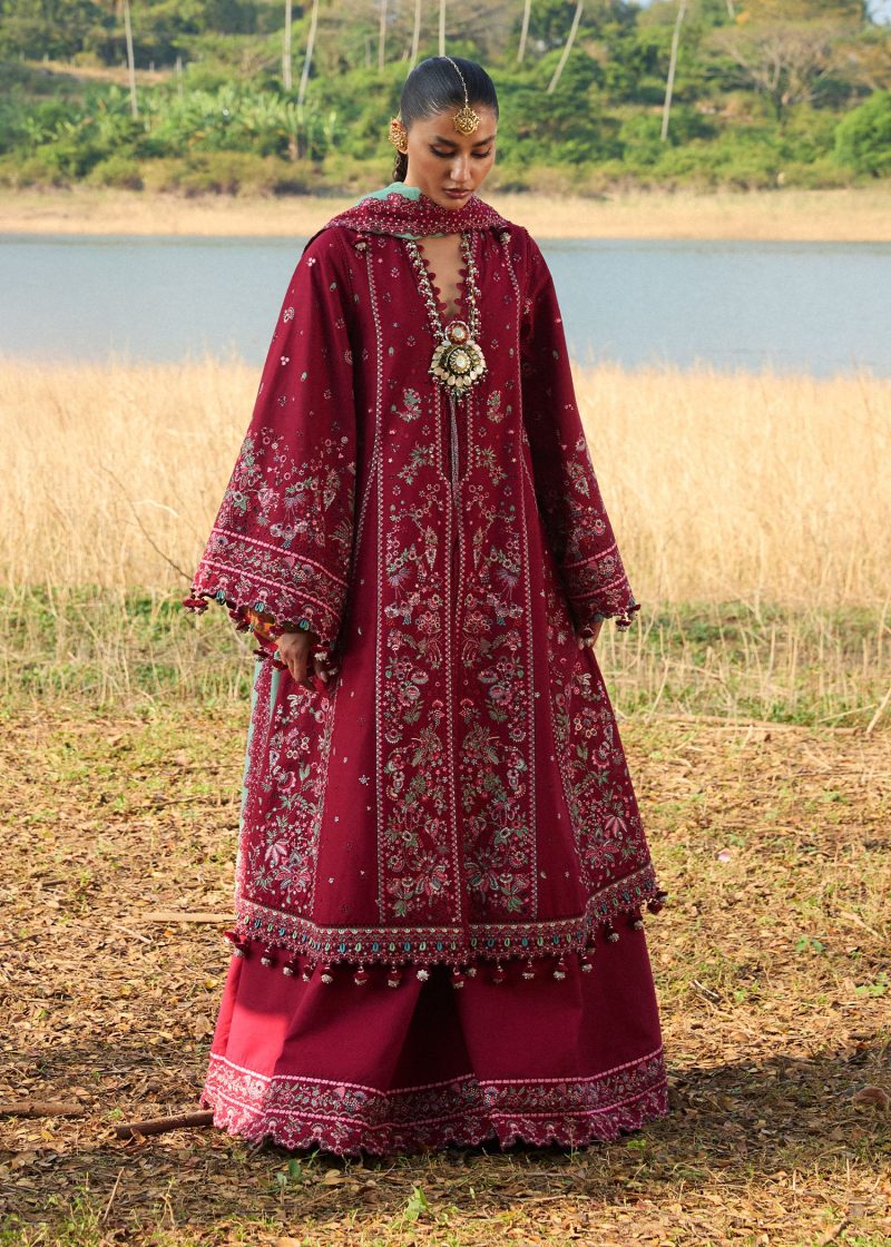 Hussain Rehar | luxury lawn25 | Maroon  | Unstitched | Festive wear | Mahogany | 3pc set. - Image 3
