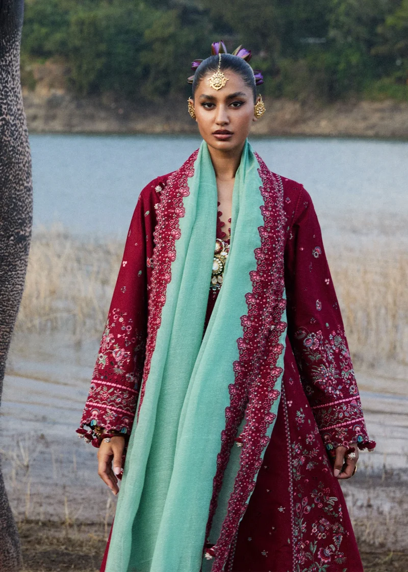 Hussain Rehar | luxury lawn25 | Maroon  | Unstitched | Festive wear | Mahogany | 3pc set. - Image 4