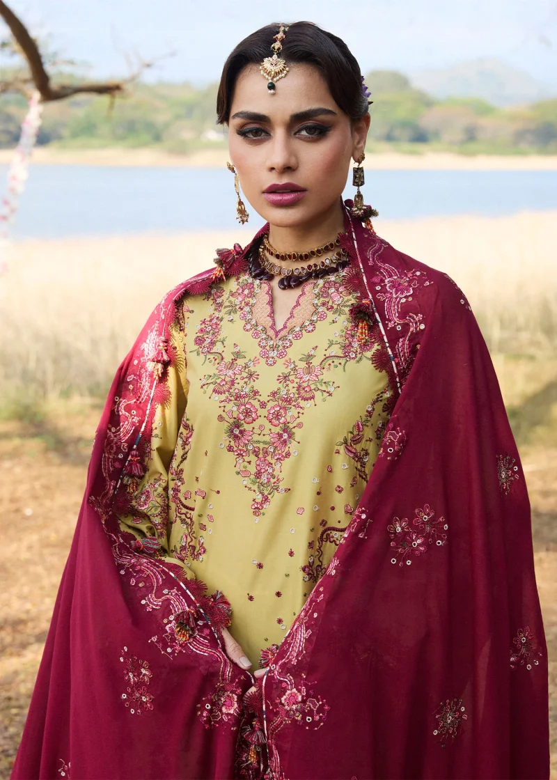 Hussain Rehar | luxury lawn25 | Apple Green  | Unstitched | Festive wear | Minted | 3pc set. - Image 2