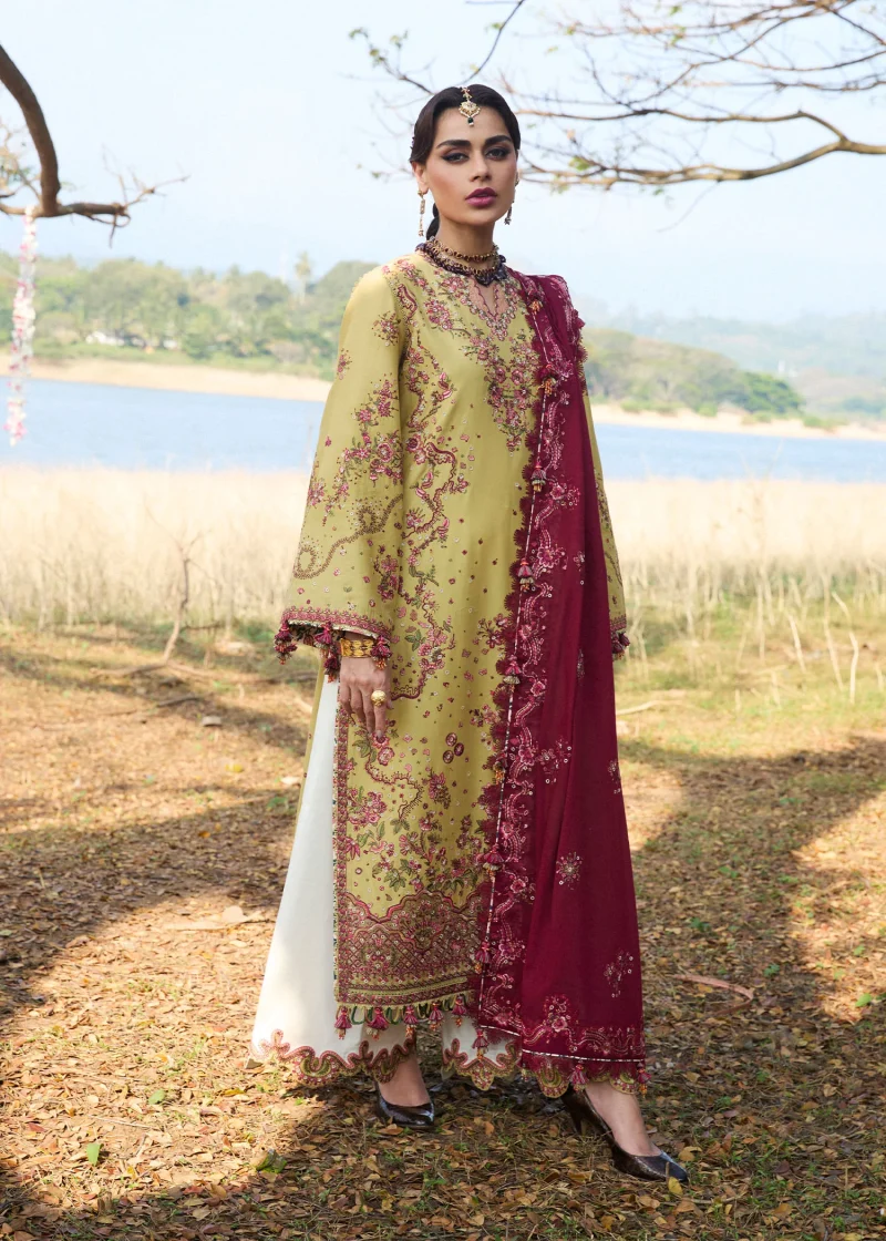 Hussain Rehar | luxury lawn25 | Apple Green  | Unstitched | Festive wear | Minted | 3pc set. - Image 4