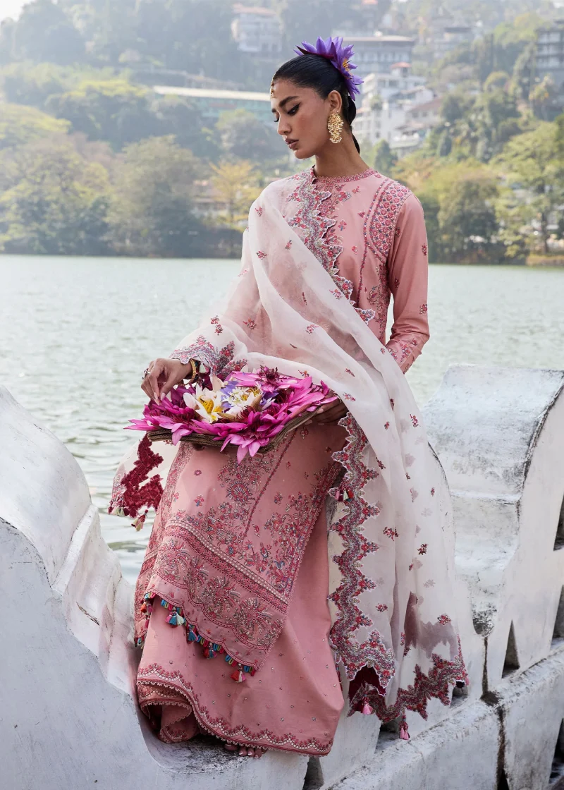 Hussain Rehar | luxury lawn25 | Rose  | Unstitched | Festive wear | Peaar | 3pc set. - Image 2