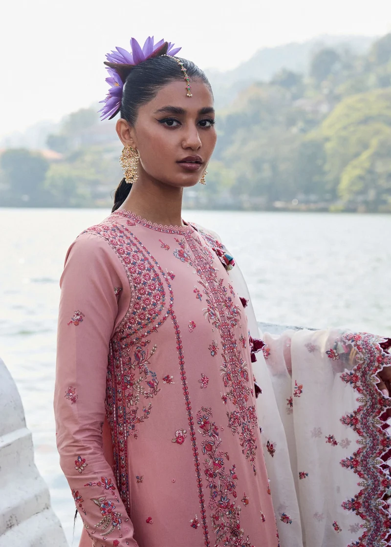 Hussain Rehar | luxury lawn25 | Rose  | Unstitched | Festive wear | Peaar | 3pc set. - Image 4