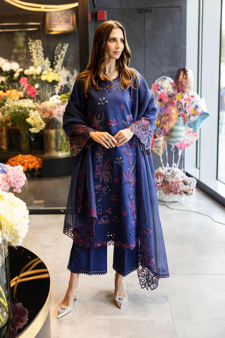 Rang Rasiya | Carnation Summer Edit | Aqua | Navy Blue | Unstitched Embroidered Net Suit | 3 Pc