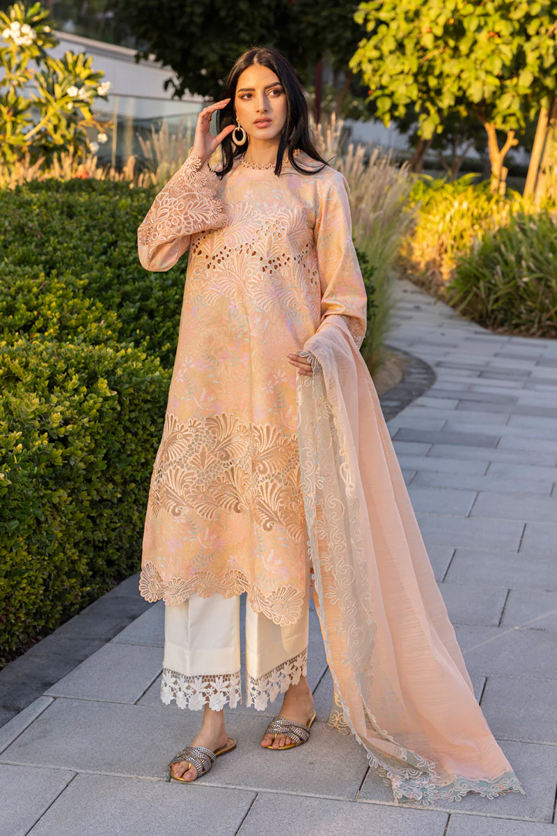 Rang Rasiya | Carnation Summer Edit | Zinnia | Peach | Unstitched Embroidered Net Suit | 3 Pc