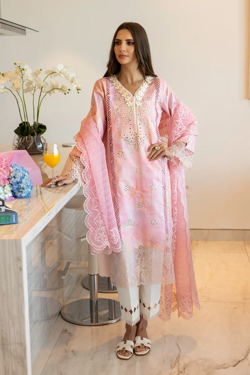 Rang Rasiya | Carnation Summer Edit | Freesia | Ombre Pink | Unstitched Embroidered Net Suit | 3 Piece