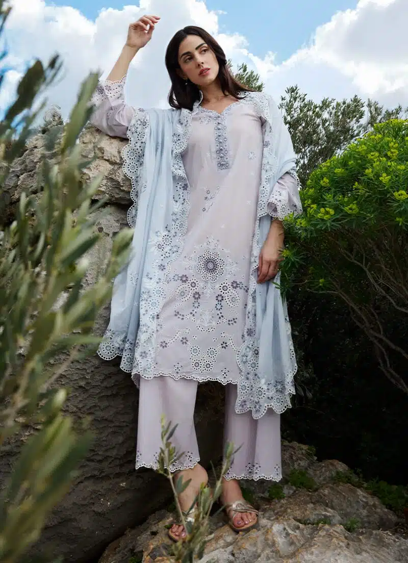Image | Lawnkari 25 Collection | Lilac/Blue | Unstitched | Festive wear | Lyra- D1 | 3 pc set.