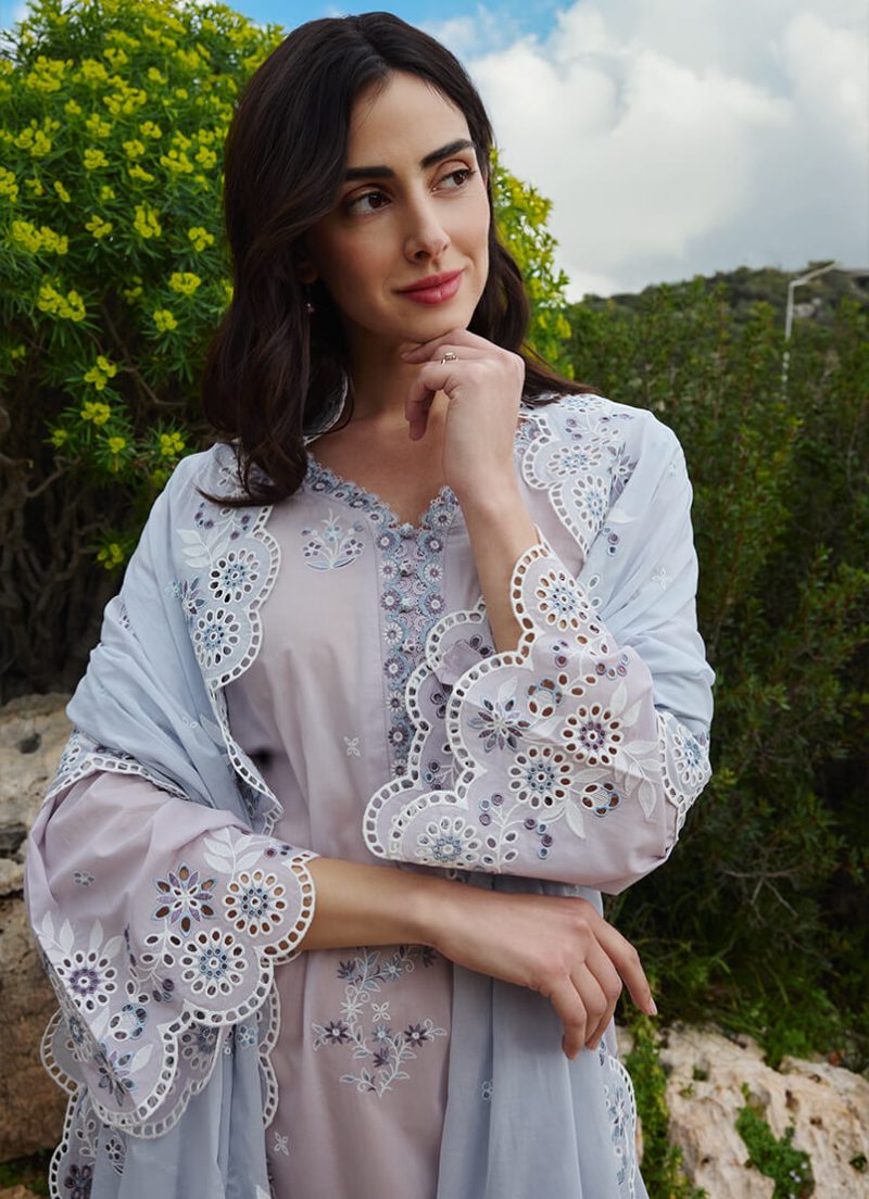 Image | Lawnkari 25 Collection | Lilac/Blue | Unstitched | Festive wear | Lyra- D1 | 3 pc set. - Image 2