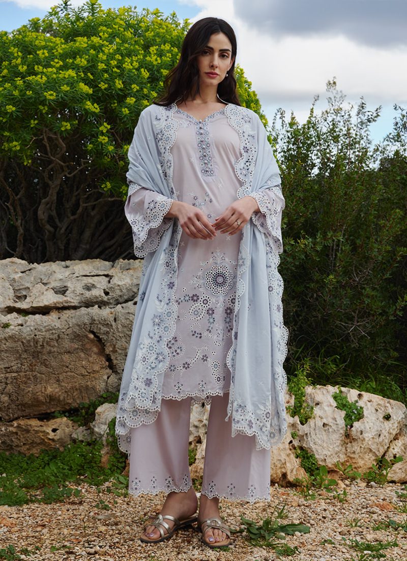 Image | Lawnkari 25 Collection | Lilac/Blue | Unstitched | Festive wear | Lyra- D1 | 3 pc set. - Image 4