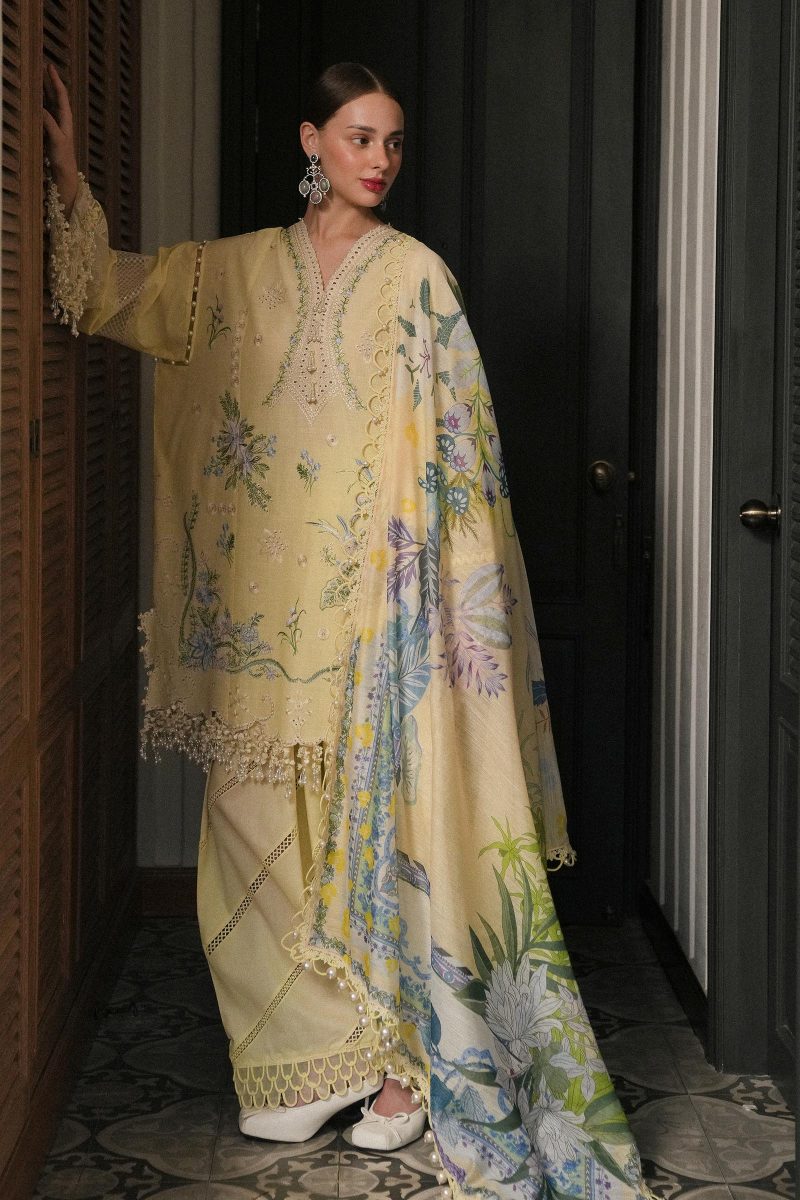 Sana Safinaz | Luxury Lawn 25 | Light yellow | Unstitched | Festive wear | 010A-3DI | 3pc set. - Image 2