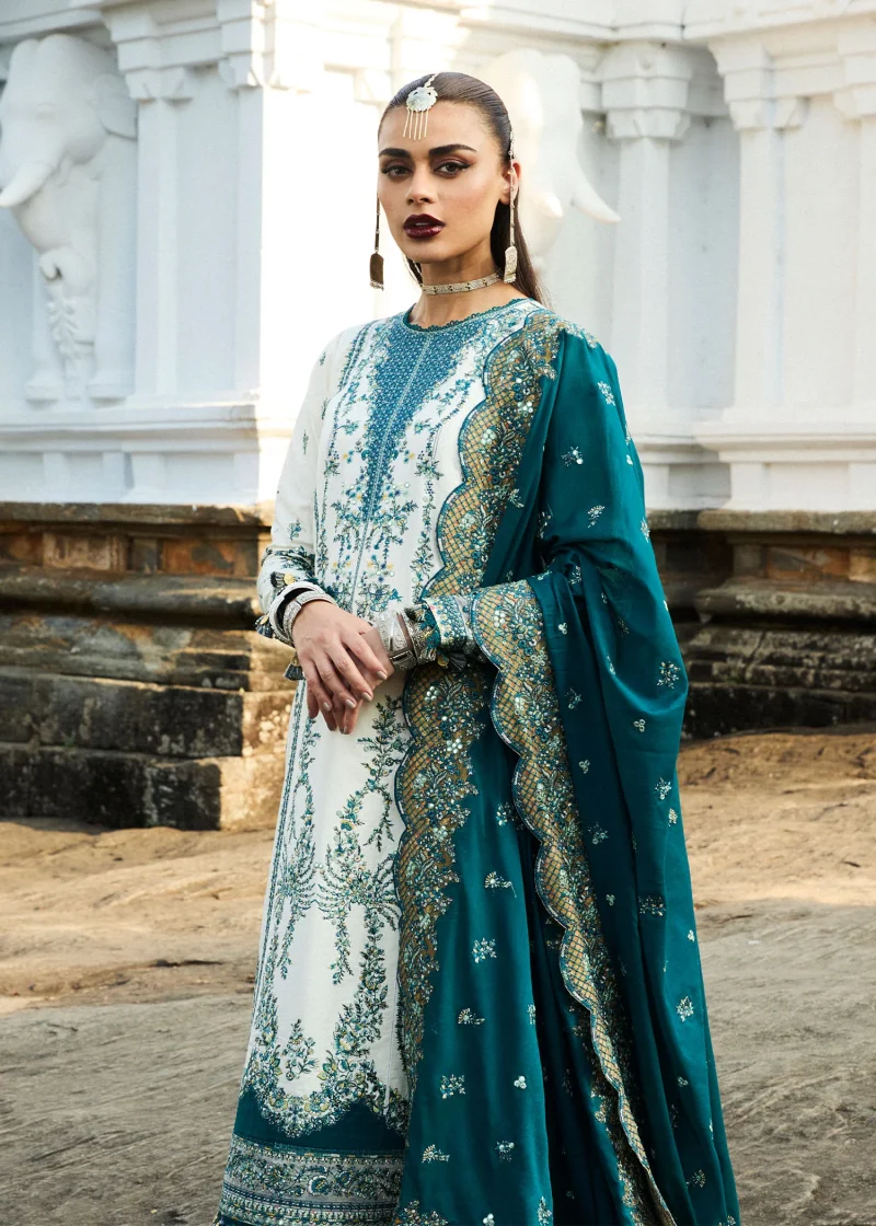 Hussain Rehar | luxury lawn25 | Ivory  | Unstitched | Festive wear | Veil | 3pc set. - Image 2