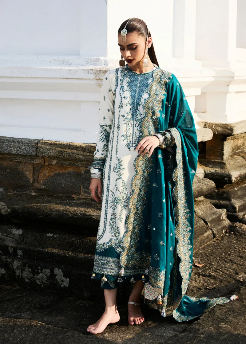 Hussain Rehar | luxury lawn25 | Ivory  | Unstitched | Festive wear | Veil | 3pc set. - Image 3