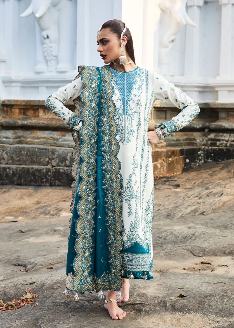 Hussain Rehar | luxury lawn25 | Ivory  | Unstitched | Festive wear | Veil | 3pc set. - Image 4