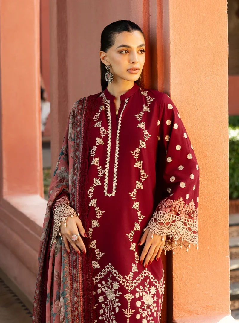 Zainab Chottani Chikankari 25 | Maroon | Unstitched | Festive wear| Izrah - 2B |  3 pc set. - Image 2