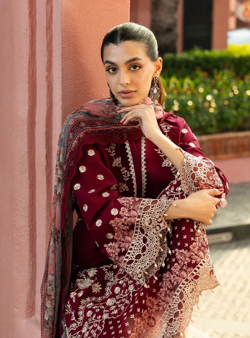 Zainab Chottani Chikankari 25 | Maroon | Unstitched | Festive wear| Izrah - 2B |  3 pc set. - Image 4