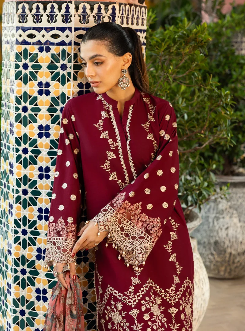 Zainab Chottani Chikankari 25 | Maroon | Unstitched | Festive wear| Izrah - 2B |  3 pc set. - Image 6
