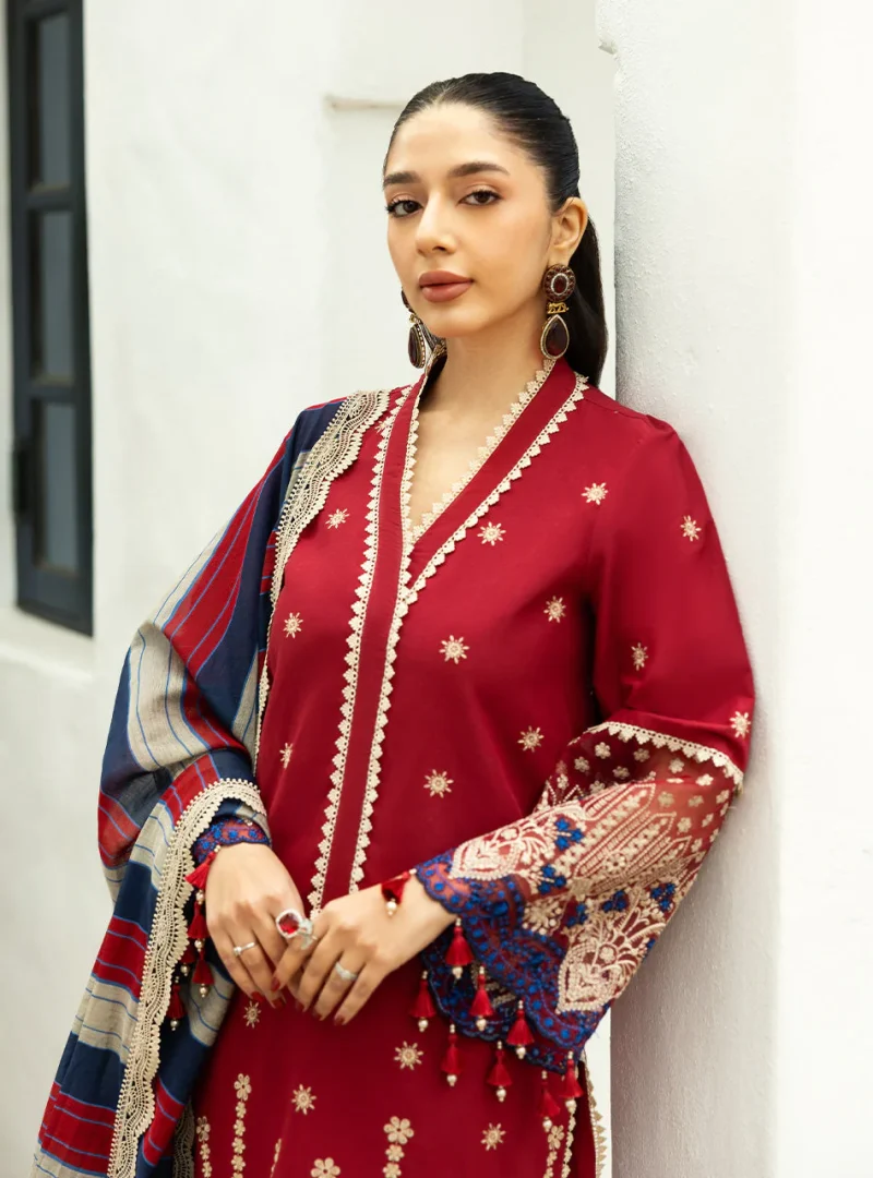 Zainab Chottani Chikankari 25 | Deep Red | Unstitched | Festive wear| Elma - 3A | 3 pc set. - Image 2