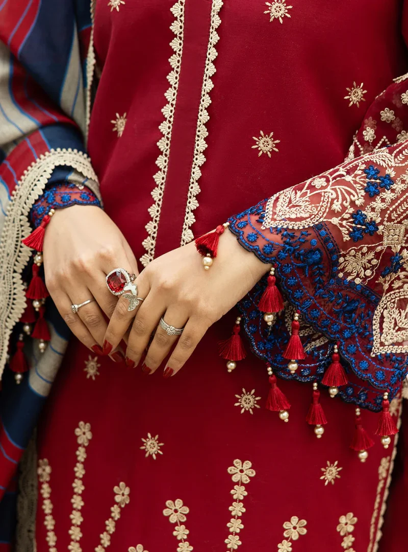 Zainab Chottani Chikankari 25 | Deep Red | Unstitched | Festive wear| Elma - 3A | 3 pc set. - Image 4