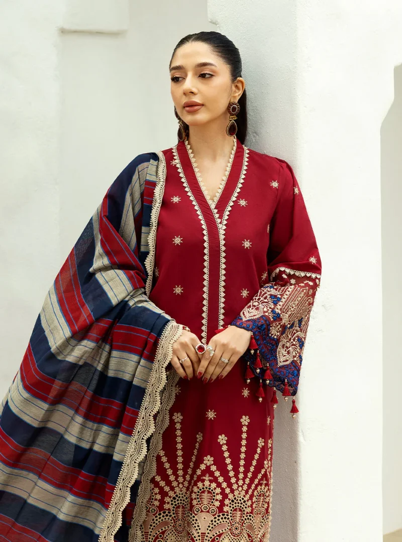 Zainab Chottani Chikankari 25 | Deep Red | Unstitched | Festive wear| Elma - 3A | 3 pc set. - Image 5