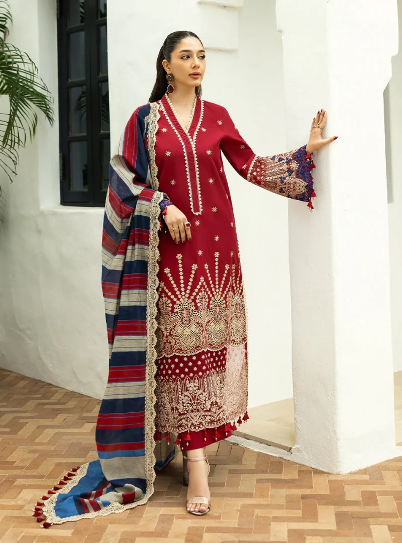 Zainab Chottani Chikankari 25 | Deep Red | Unstitched | Festive wear| Elma - 3A | 3 pc set. - Image 6