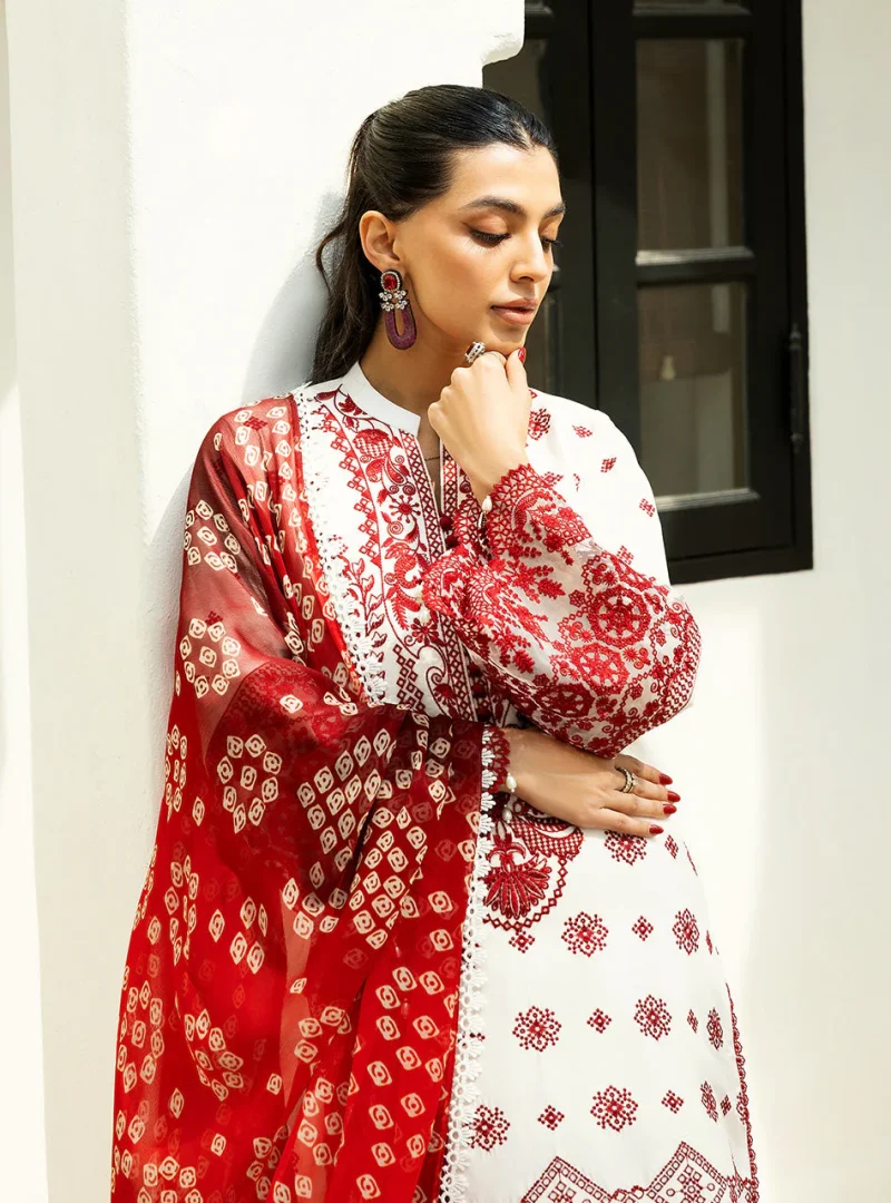 Zainab Chottani Chikankari 25 | Red and White | Unstitched | Festive wear| Reem - 8B | 3 pc set. - Image 2