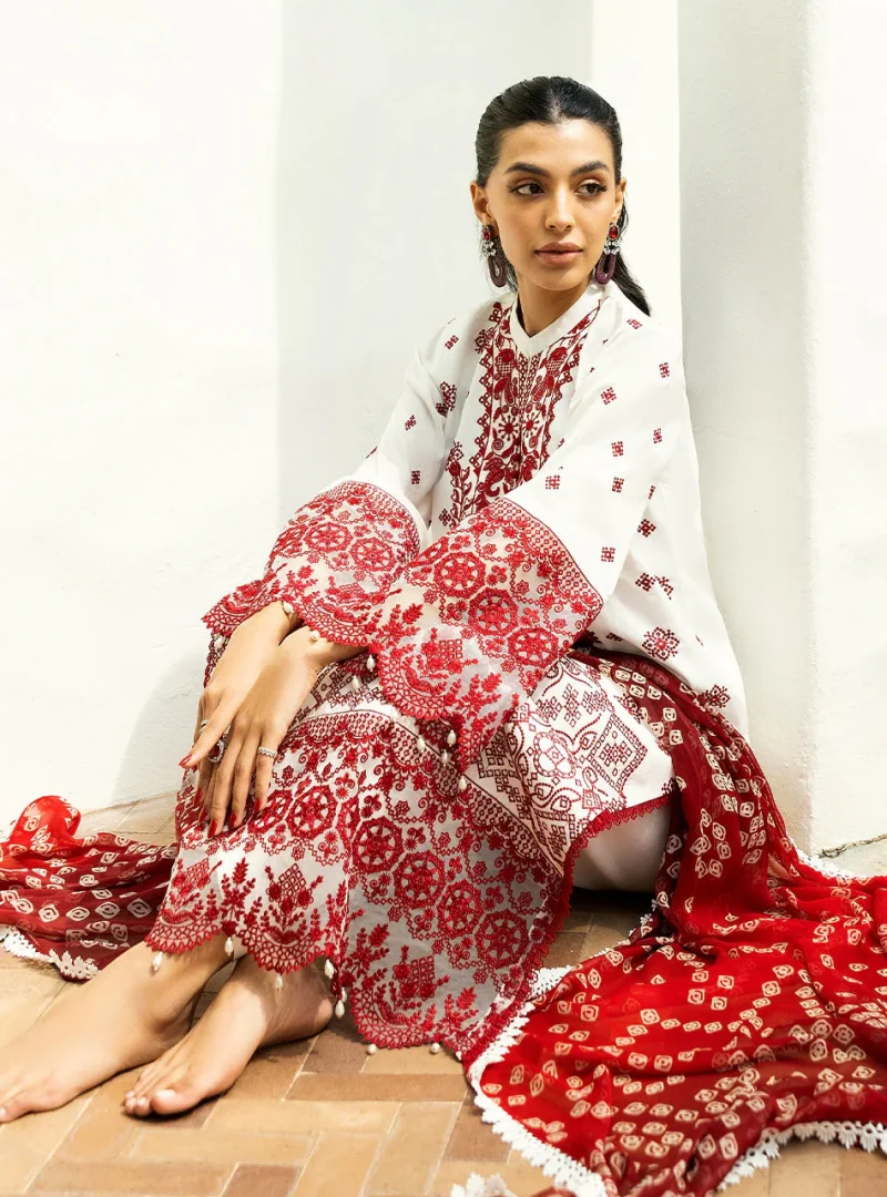 Zainab Chottani Chikankari 25 | Red and White | Unstitched | Festive wear| Reem - 8B | 3 pc set. - Image 3