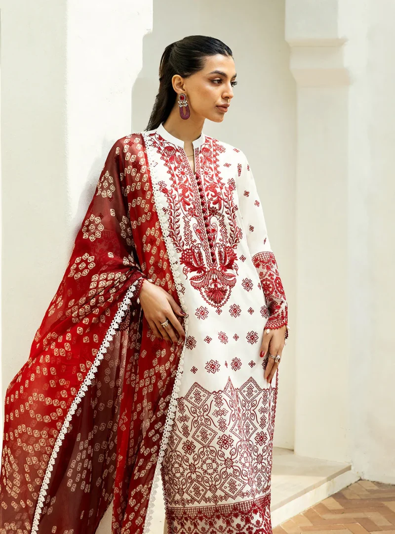 Zainab Chottani Chikankari 25 | Red and White | Unstitched | Festive wear| Reem - 8B | 3 pc set. - Image 4