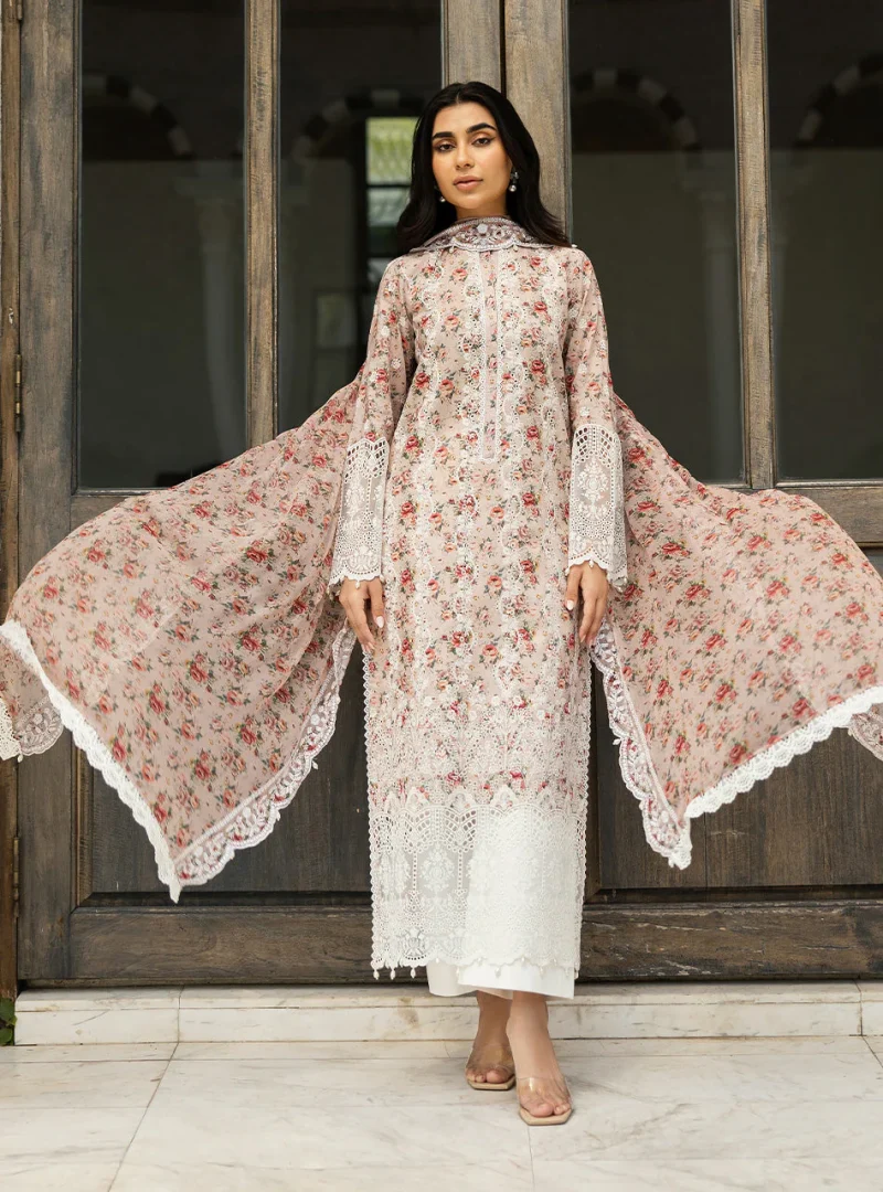 Zainab Chottani Chikankari 25 | Ethereal Peach | Unstitched | Festive wear| Lamia - 9A |  3 pc set. - Image 5
