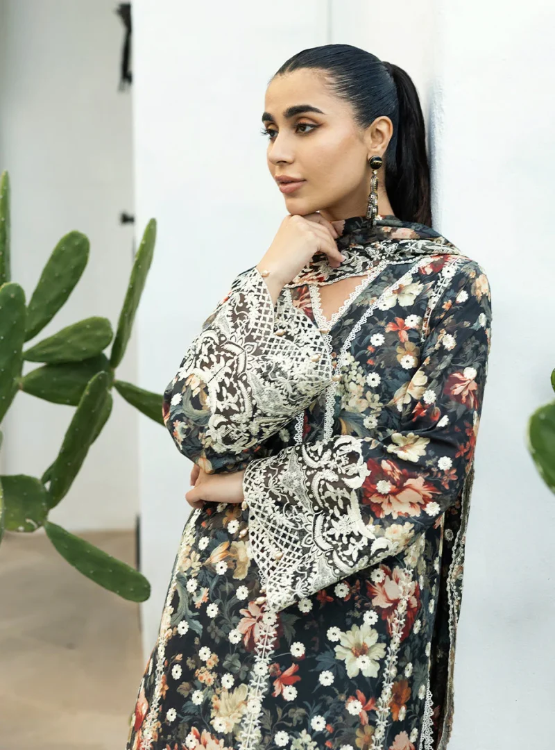 Zainab Chottani Chikankari 25 | Floral Print Black | Unstitched | Festive wear| Reeya - 10A | 3 pc set. - Image 2