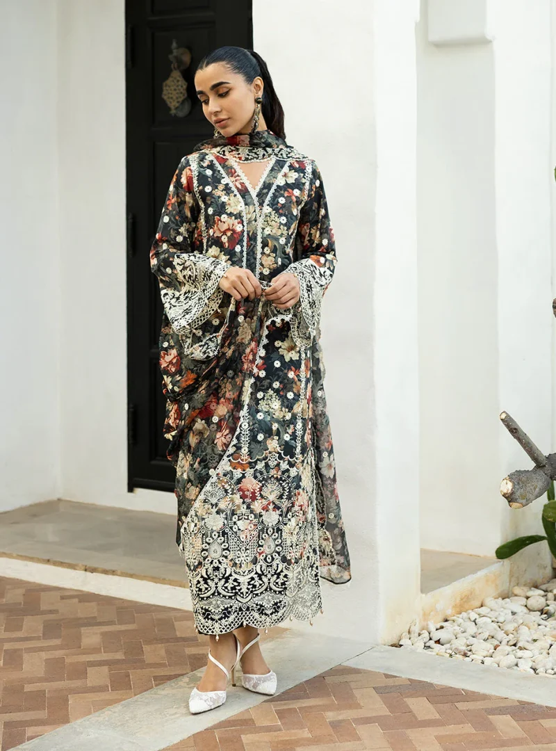 Zainab Chottani Chikankari 25 | Floral Print Black | Unstitched | Festive wear| Reeya - 10A | 3 pc set. - Image 3