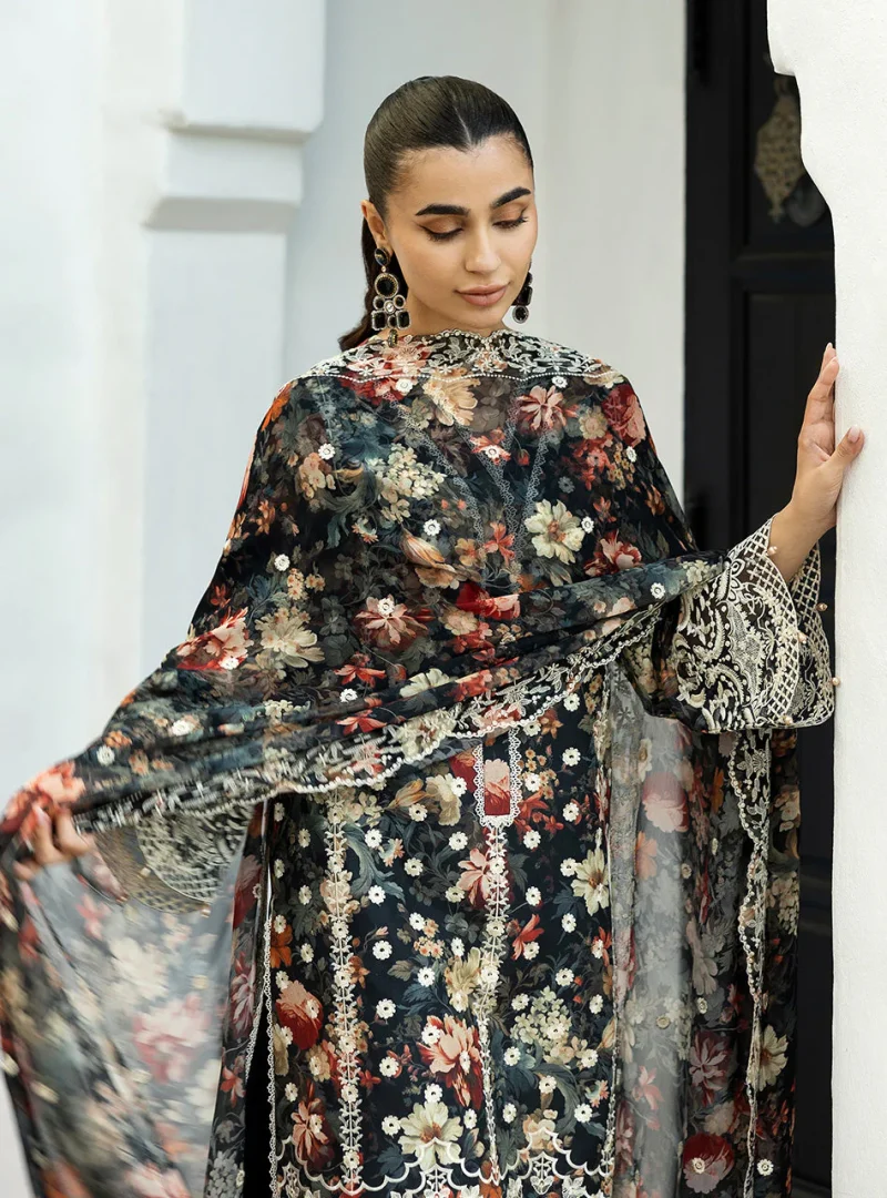 Zainab Chottani Chikankari 25 | Floral Print Black | Unstitched | Festive wear| Reeya - 10A | 3 pc set. - Image 4