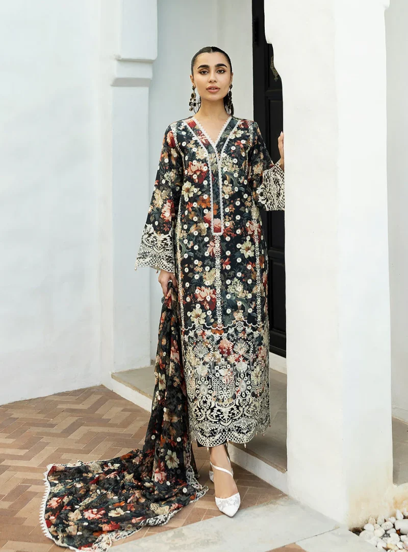 Zainab Chottani Chikankari 25 | Floral Print Black | Unstitched | Festive wear| Reeya - 10A | 3 pc set. - Image 5