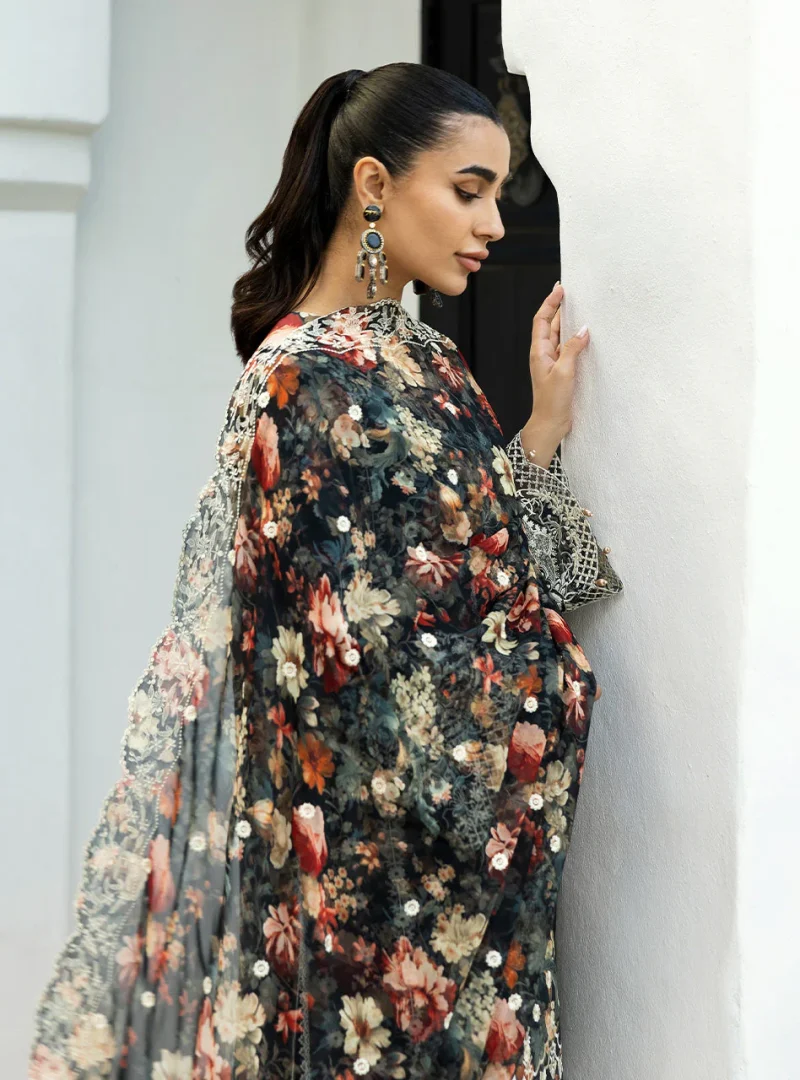 Zainab Chottani Chikankari 25 | Floral Print Black | Unstitched | Festive wear| Reeya - 10A | 3 pc set. - Image 6