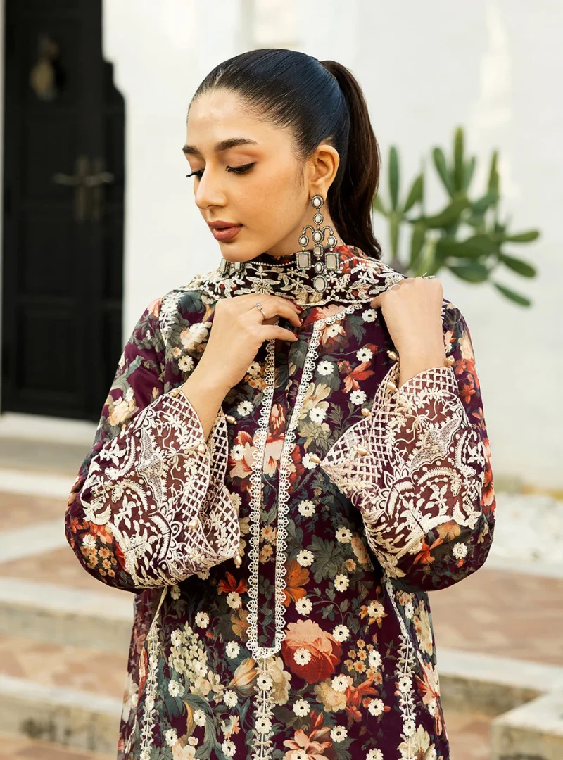 Zainab Chottani Chikankari 25 | Floral Print Purple | Unstitched | Festive wear| Reeya - 10B | 3 pc set. - Image 2