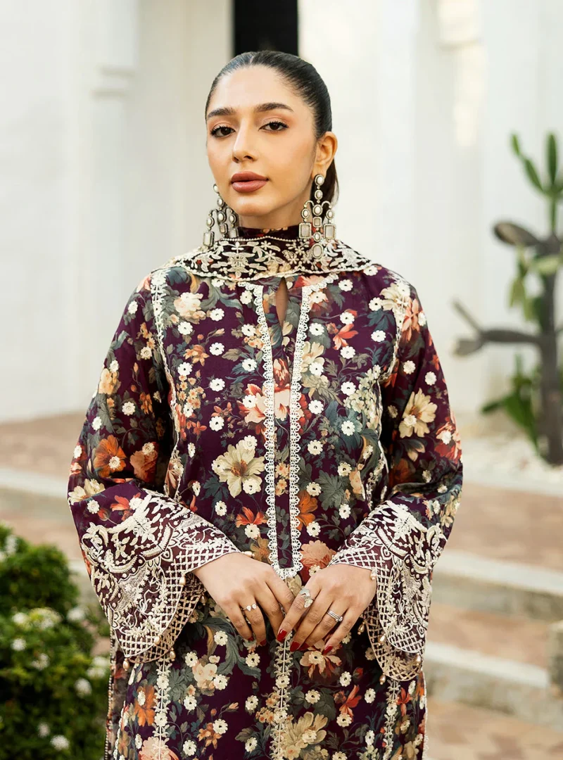 Zainab Chottani Chikankari 25 | Floral Print Purple | Unstitched | Festive wear| Reeya - 10B | 3 pc set. - Image 4