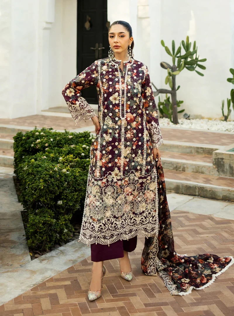 Zainab Chottani Chikankari 25 | Floral Print Purple | Unstitched | Festive wear| Reeya - 10B | 3 pc set. - Image 5