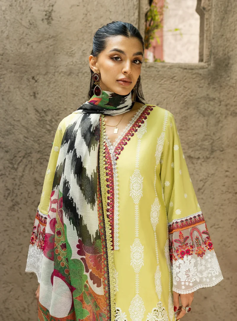 Zainab Chottani Chikankari 25 | Lime Yellow | Unstitched | Festive wear| Rayne - 12A | 3 pc set. - Image 2