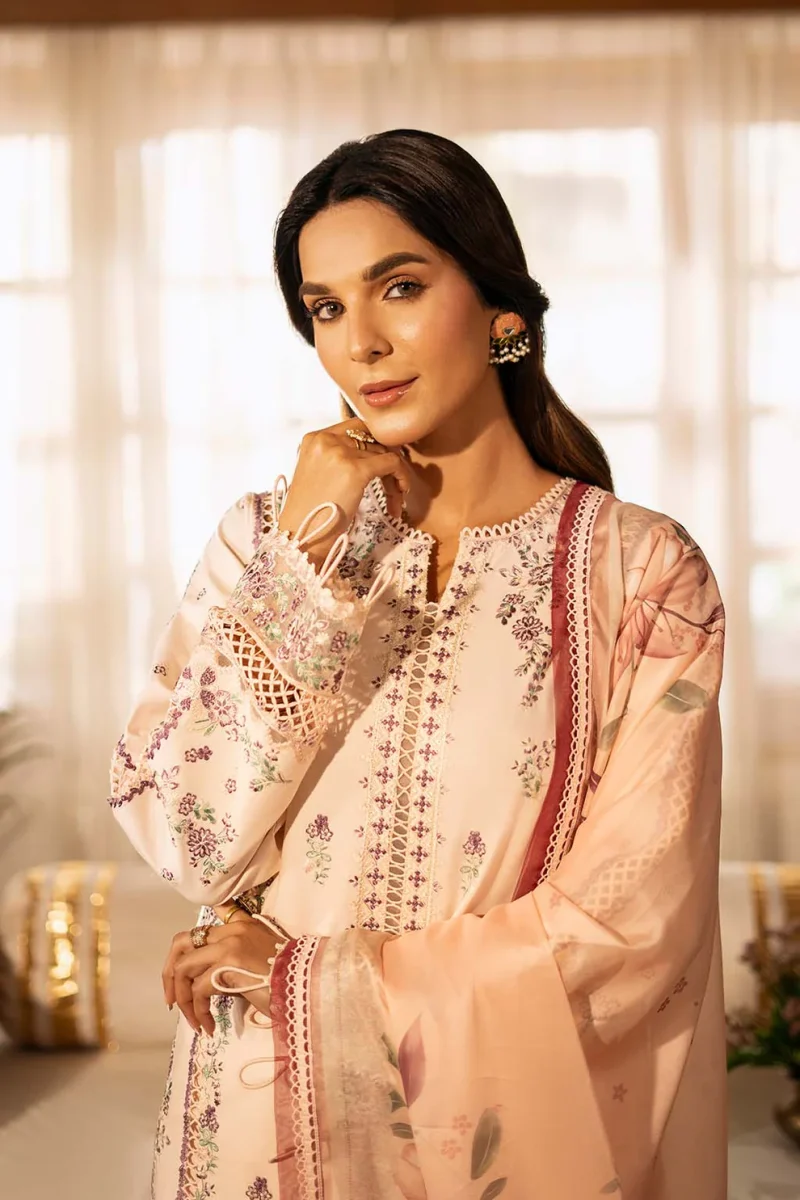 Zarposh | Sajni Lawn Edit 25 | Peach | Unstitched | Festive wear | Gulbano | D01 | 3pc set. - Image 3