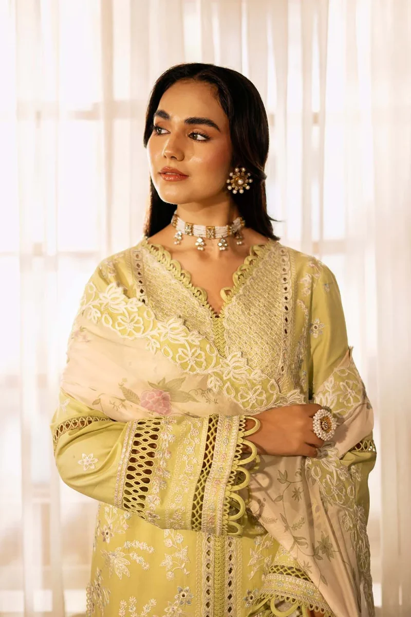 Zarposh | Sajni Lawn Edit 25 | Lime Yellow | Unstitched | Festive wear | Gulnaz | D02 | 3pc set. - Image 3