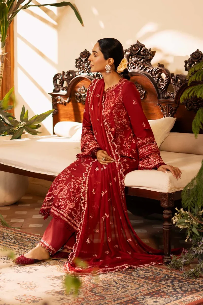 Zarposh | Sajni Lawn Edit 25 | Maroon | Unstitched | Festive wear | Noorjah | D07 | 3pc set. - Image 4