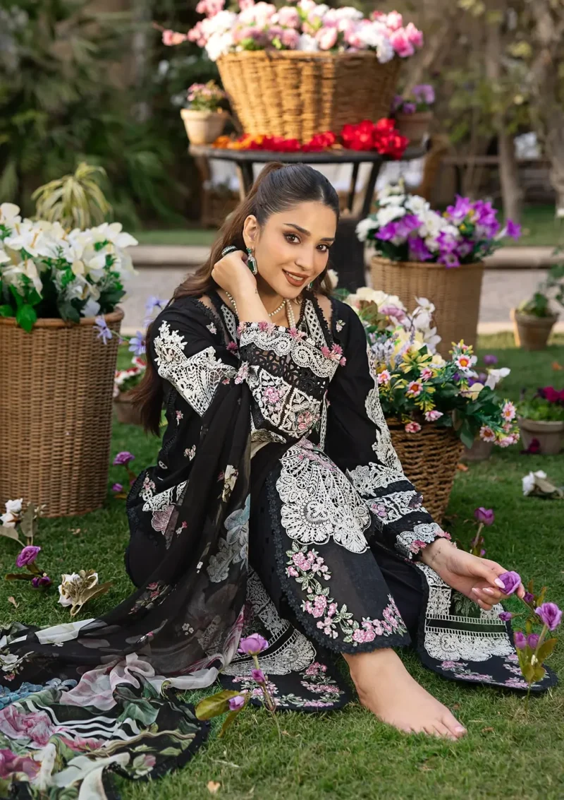 ELAF | Luxury | Lawn 25 |Black | Unstitched |  Festive wear | Mahjabeen | ELM-04 | 3 pc set. - Image 4