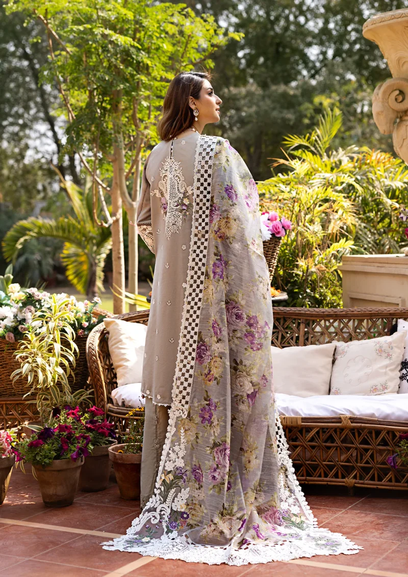 ELAF | Luxury | Lawn 25 |Mousse Grey | Unstitched |  Festive wear | Ramsha | ELM-05 | 3 pc set. - Image 2