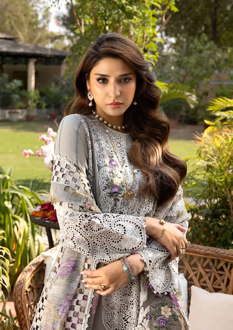 ELAF | Luxury | Lawn 25 |Mousse Grey | Unstitched |  Festive wear | Ramsha | ELM-05 | 3 pc set. - Image 3