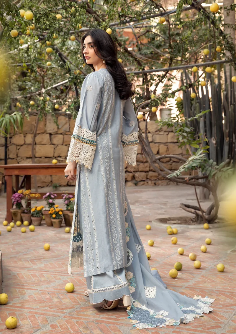 ELAF | Luxury | Lawn 25 |Ice Blue | Unstitched |  Festive wear | Mahveen | ELM-7B | 3 pc set. - Image 2