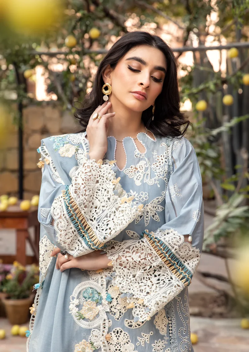 ELAF | Luxury | Lawn 25 |Ice Blue | Unstitched |  Festive wear | Mahveen | ELM-7B | 3 pc set. - Image 4